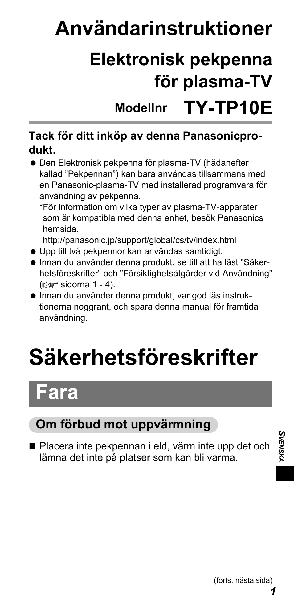 Säkerhetsföreskrifter, Användarinstruktioner, Fara | Ty-tp10e, Elektronisk pekpenna för plasma-tv | Panasonic TYTP10E User Manual | Page 137 / 216