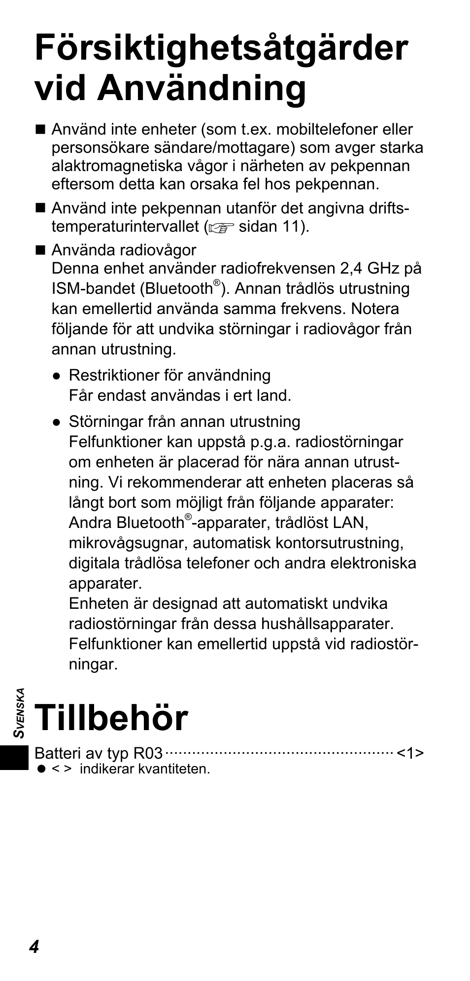 Försiktighetsåtgärder vid användning, Tillbehör | Panasonic TYTP10E User Manual | Page 140 / 216