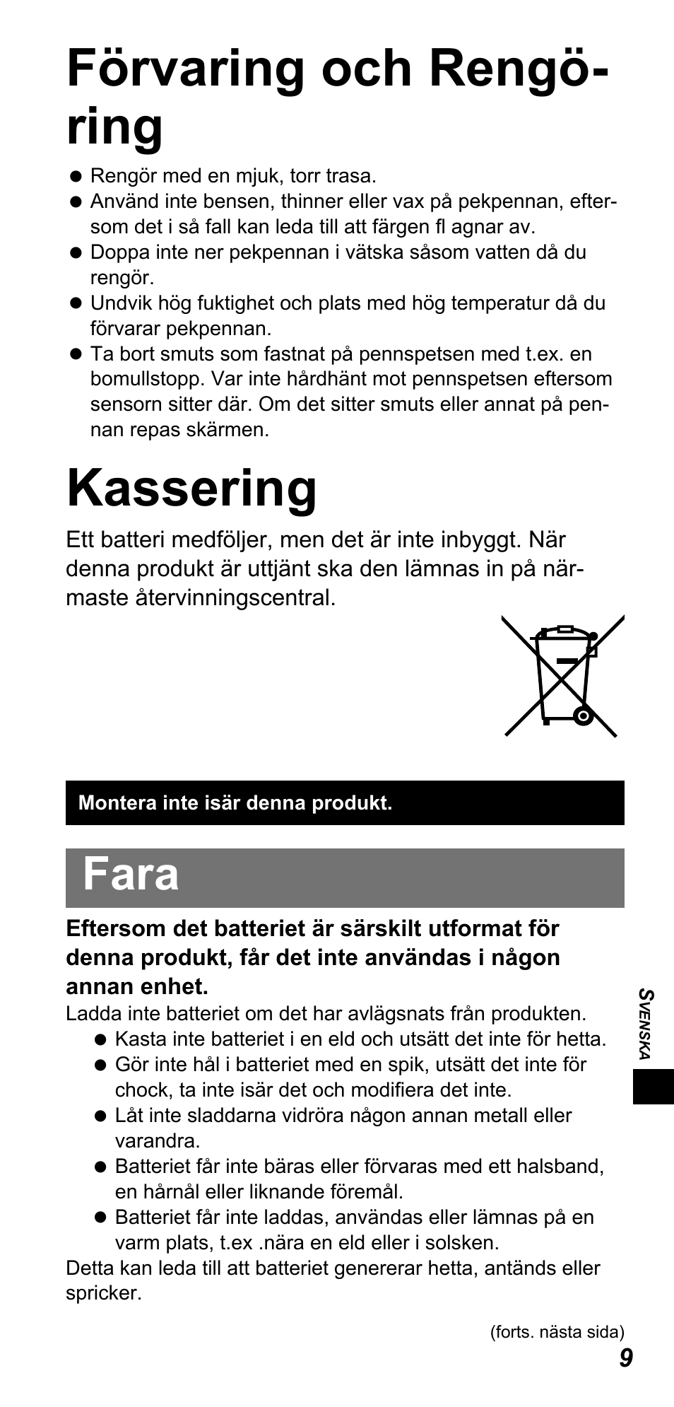 Förvaring och rengö- ring, Kassering, Fara | Panasonic TYTP10E User Manual | Page 145 / 216