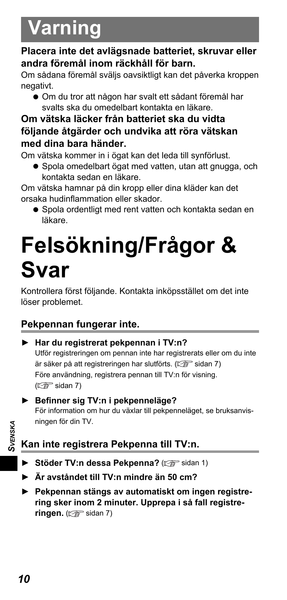 Felsökning/frågor & svar, Varning | Panasonic TYTP10E User Manual | Page 146 / 216