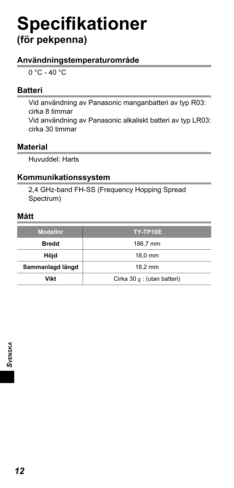 Specifi kationer, För pekpenna) | Panasonic TYTP10E User Manual | Page 148 / 216