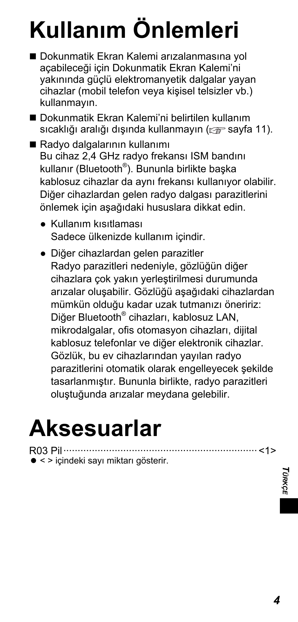 Kullanım önlemleri, Aksesuarlar | Panasonic TYTP10E User Manual | Page 153 / 216