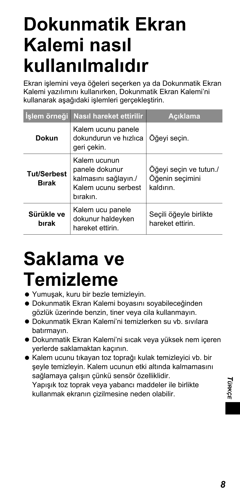 Dokunmatik ekran kalemi nasıl kullanılmalıdır, Saklama ve temizleme | Panasonic TYTP10E User Manual | Page 157 / 216