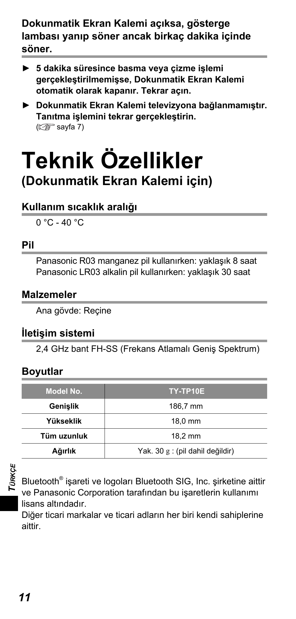 Teknik özellikler, Dokunmatik ekran kalemi için) | Panasonic TYTP10E User Manual | Page 160 / 216