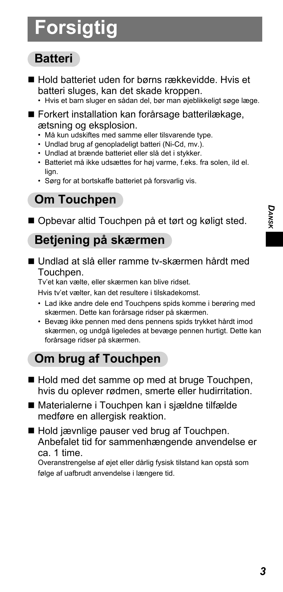 Forsigtig, Batteri, Om touchpen | Betjening på skærmen, Om brug af touchpen | Panasonic TYTP10E User Manual | Page 17 / 216