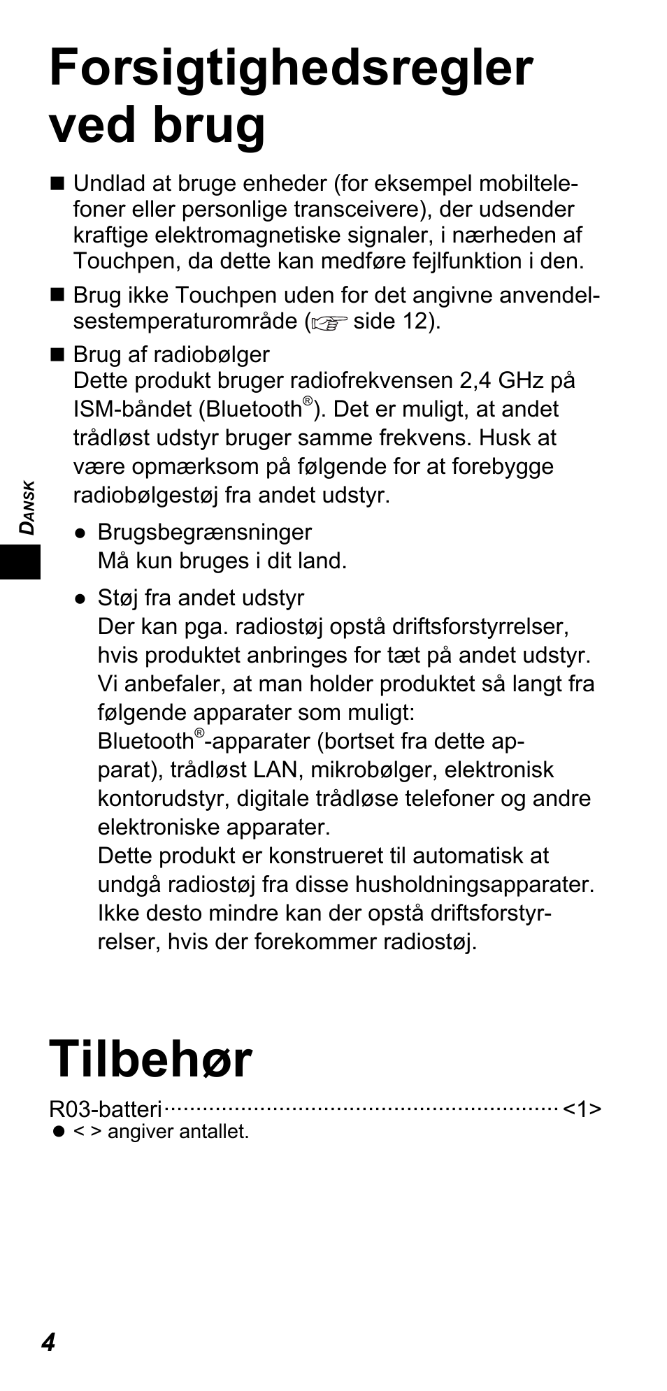 Forsigtighedsregler ved brug, Tilbehør | Panasonic TYTP10E User Manual | Page 18 / 216
