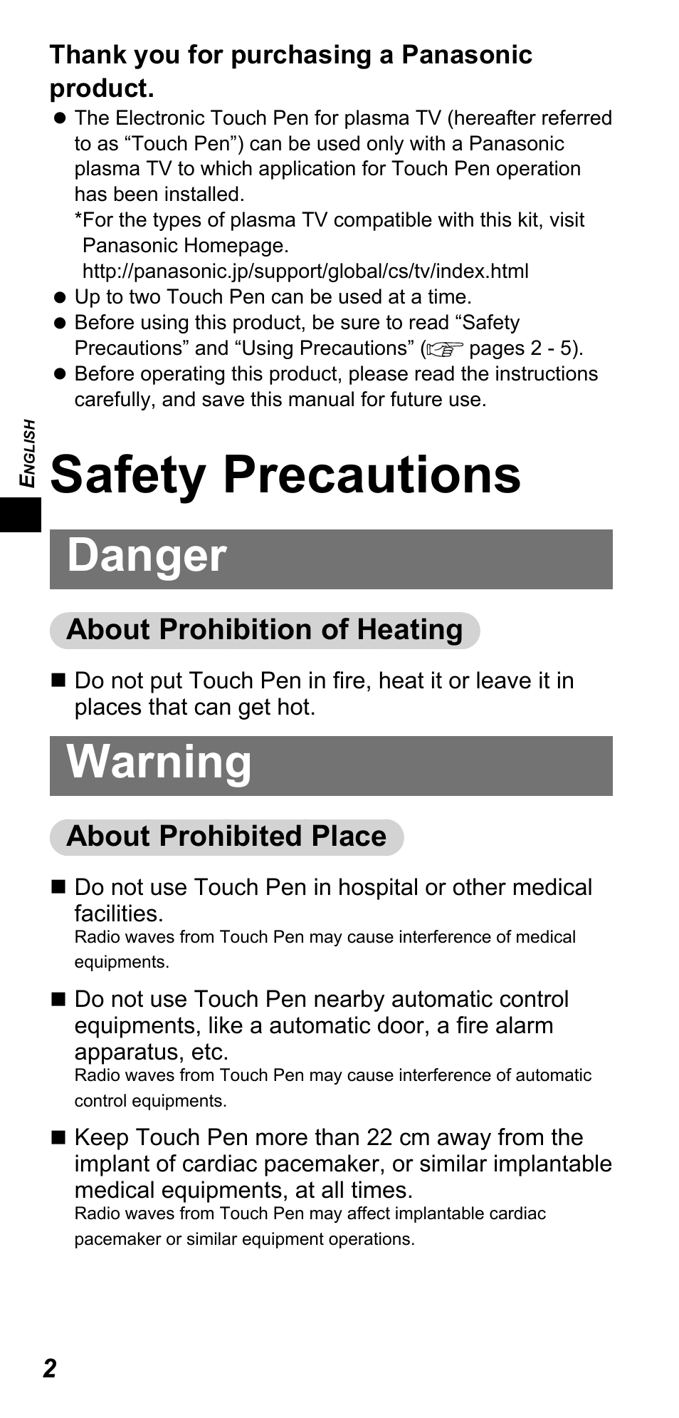 Safety precautions, Danger, Warning | About prohibition of heating, About prohibited place | Panasonic TYTP10E User Manual | Page 2 / 216