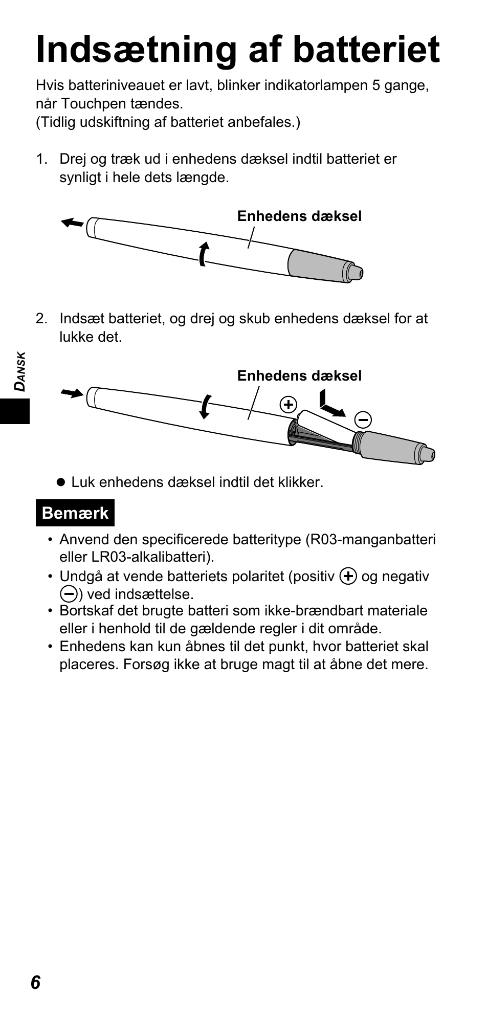 Indsætning af batteriet | Panasonic TYTP10E User Manual | Page 20 / 216
