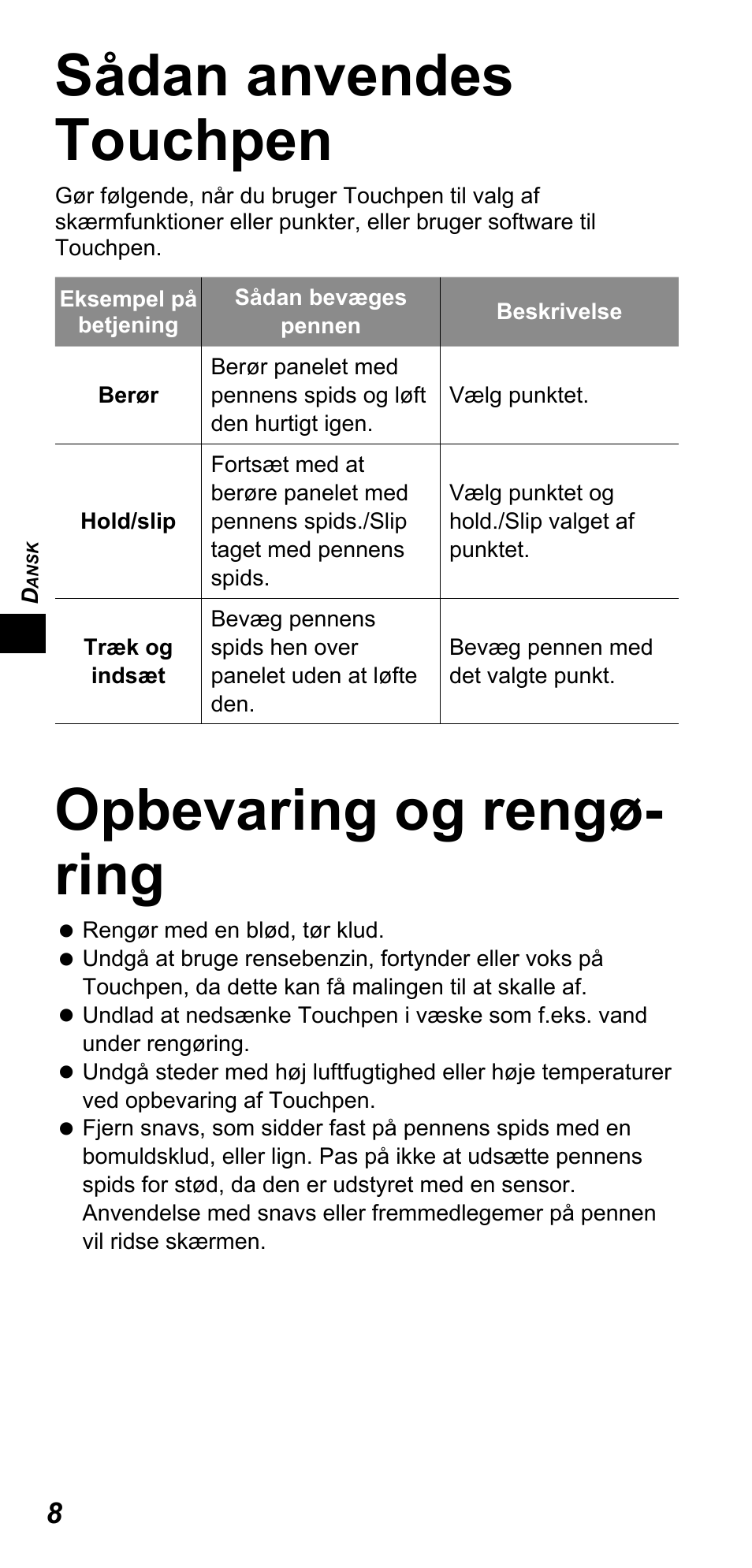 Sådan anvendes touchpen, Opbevaring og rengø- ring | Panasonic TYTP10E User Manual | Page 22 / 216