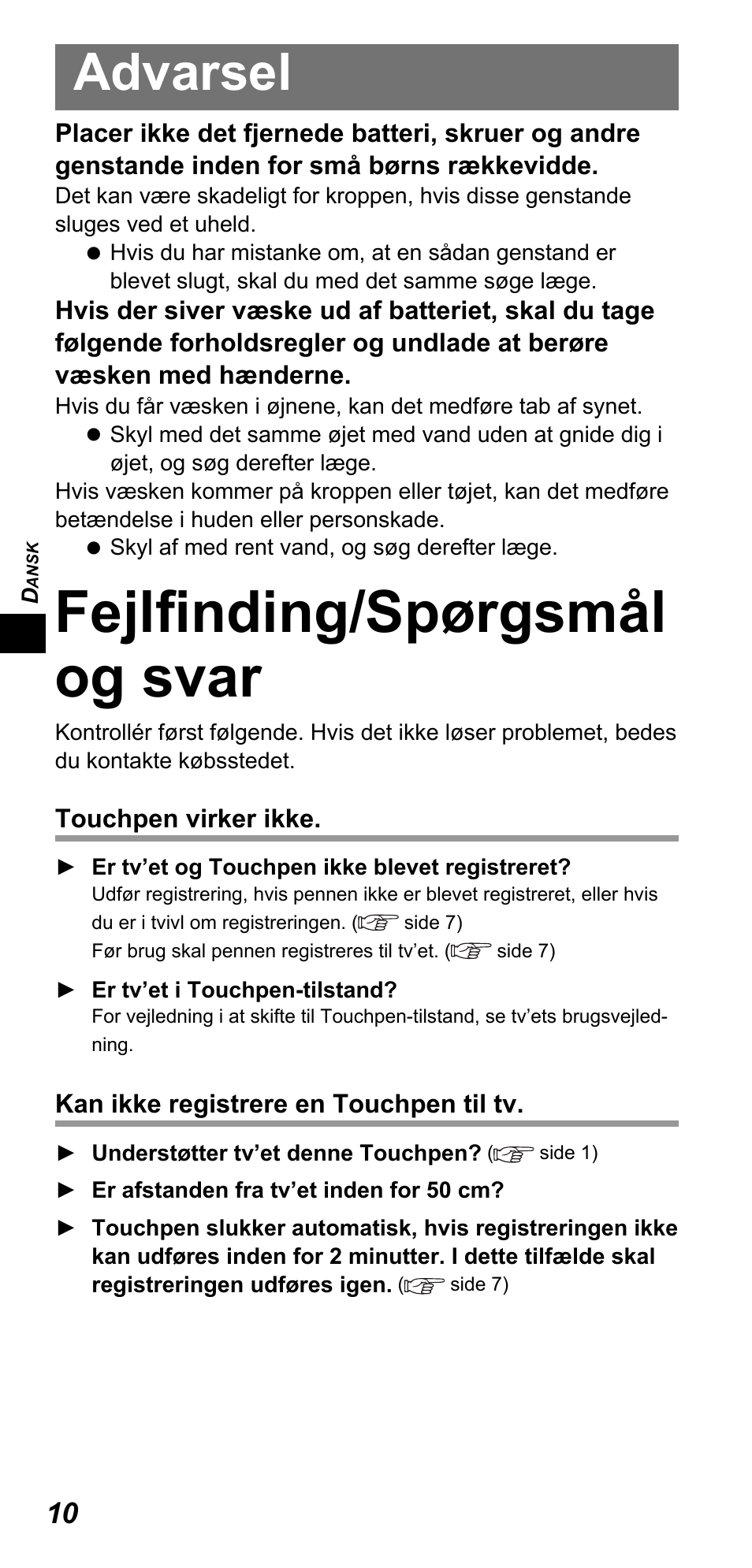 Fejlfi nding/spørgsmål og svar, Advarsel | Panasonic TYTP10E User Manual | Page 24 / 216