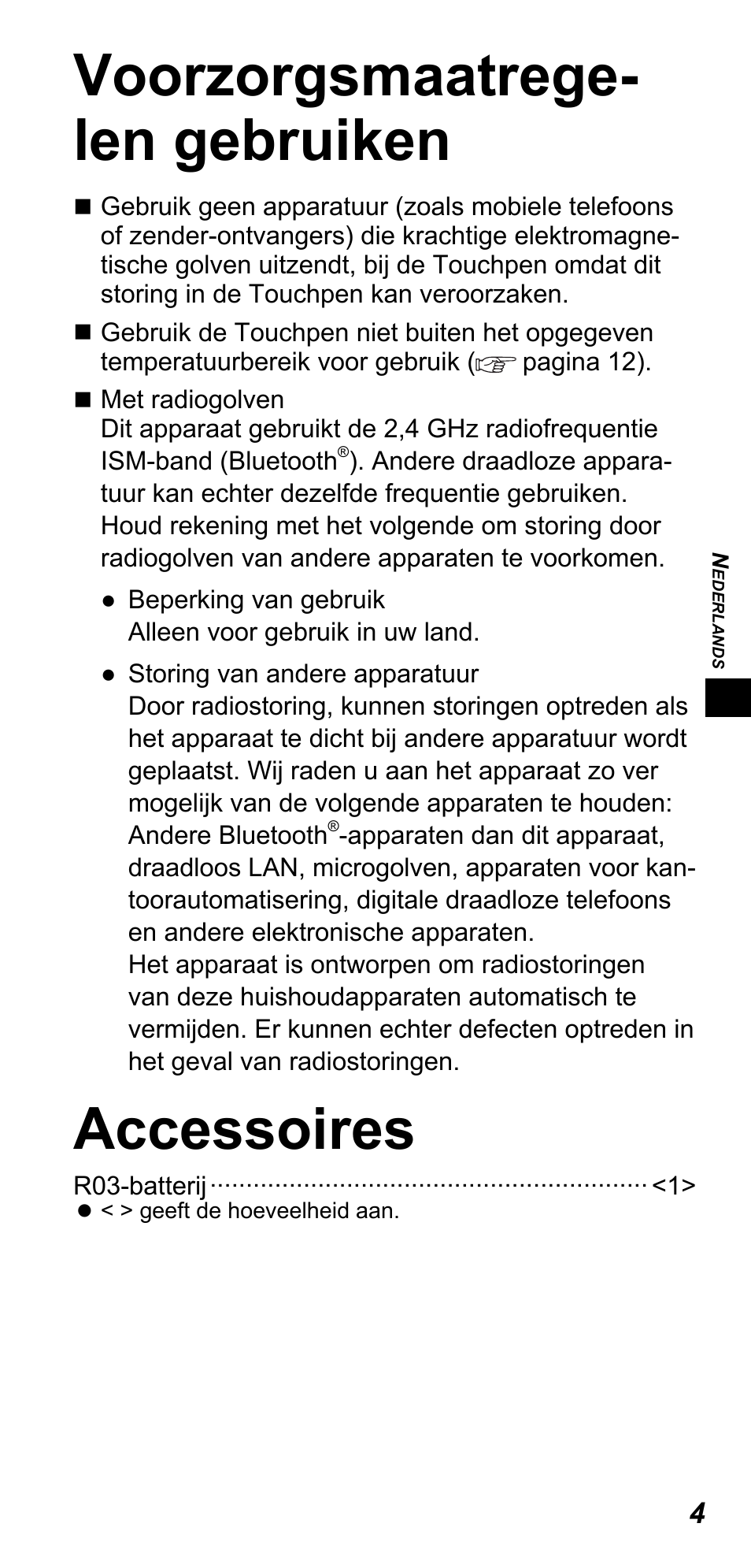 Voorzorgsmaatrege- len gebruiken, Accessoires | Panasonic TYTP10E User Manual | Page 31 / 216