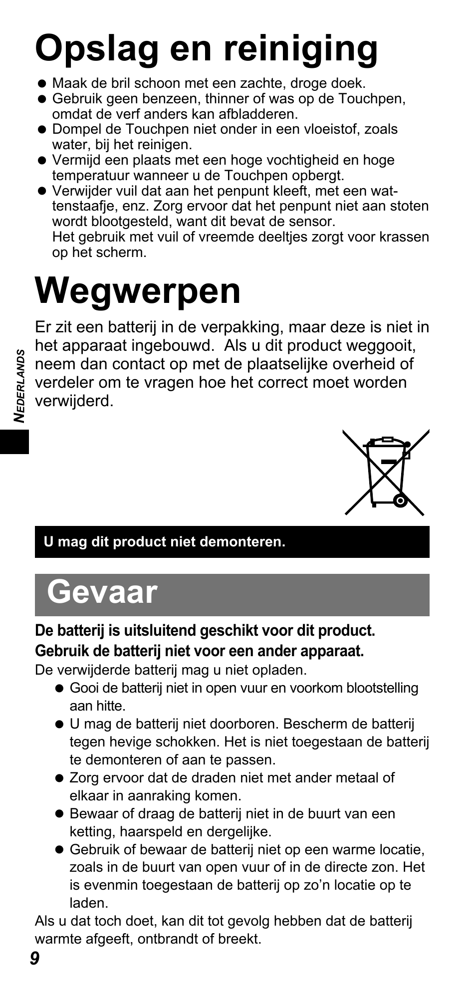 Opslag en reiniging, Wegwerpen, Gevaar | Panasonic TYTP10E User Manual | Page 36 / 216