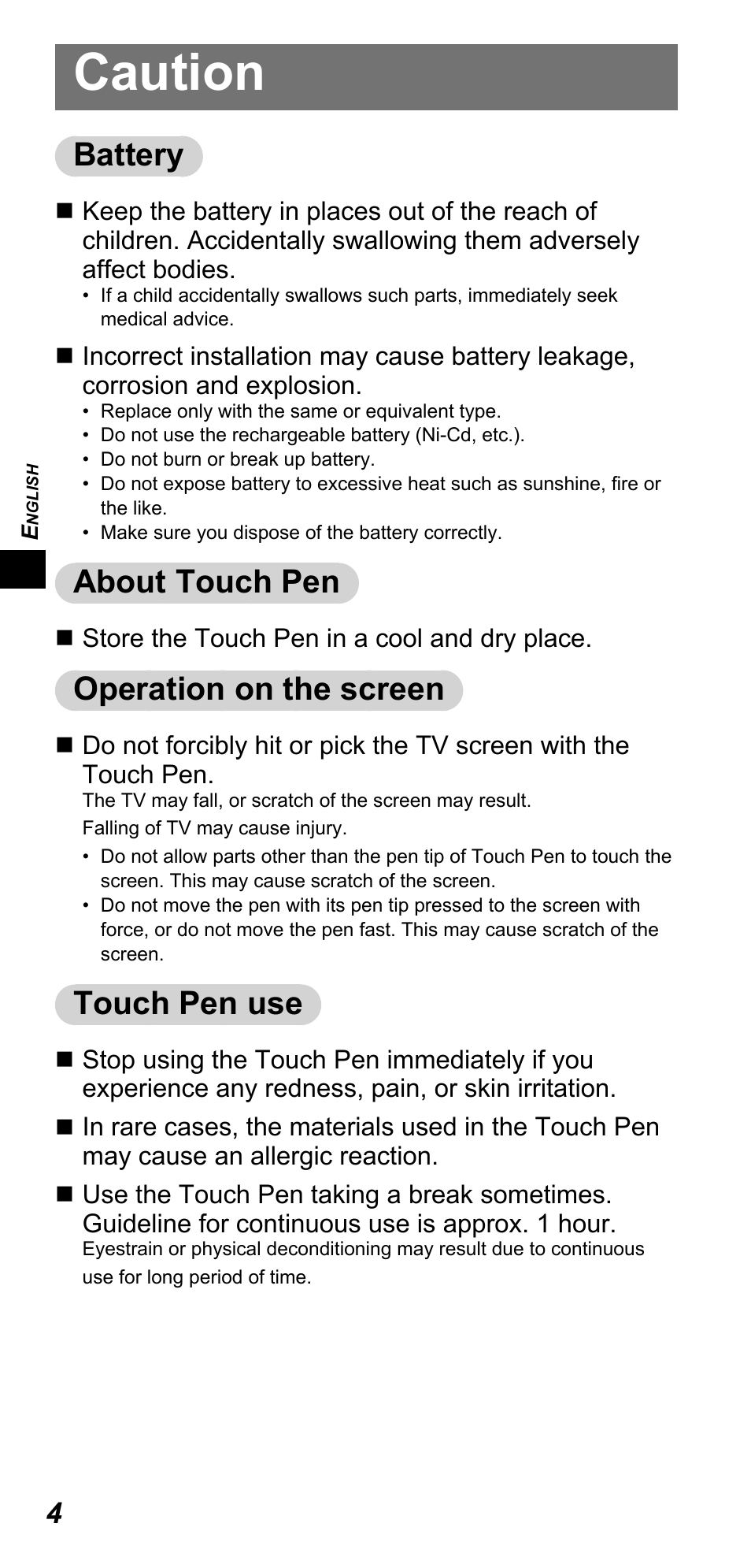 Caution, Battery, About touch pen | Operation on the screen, Touch pen use | Panasonic TYTP10E User Manual | Page 4 / 216
