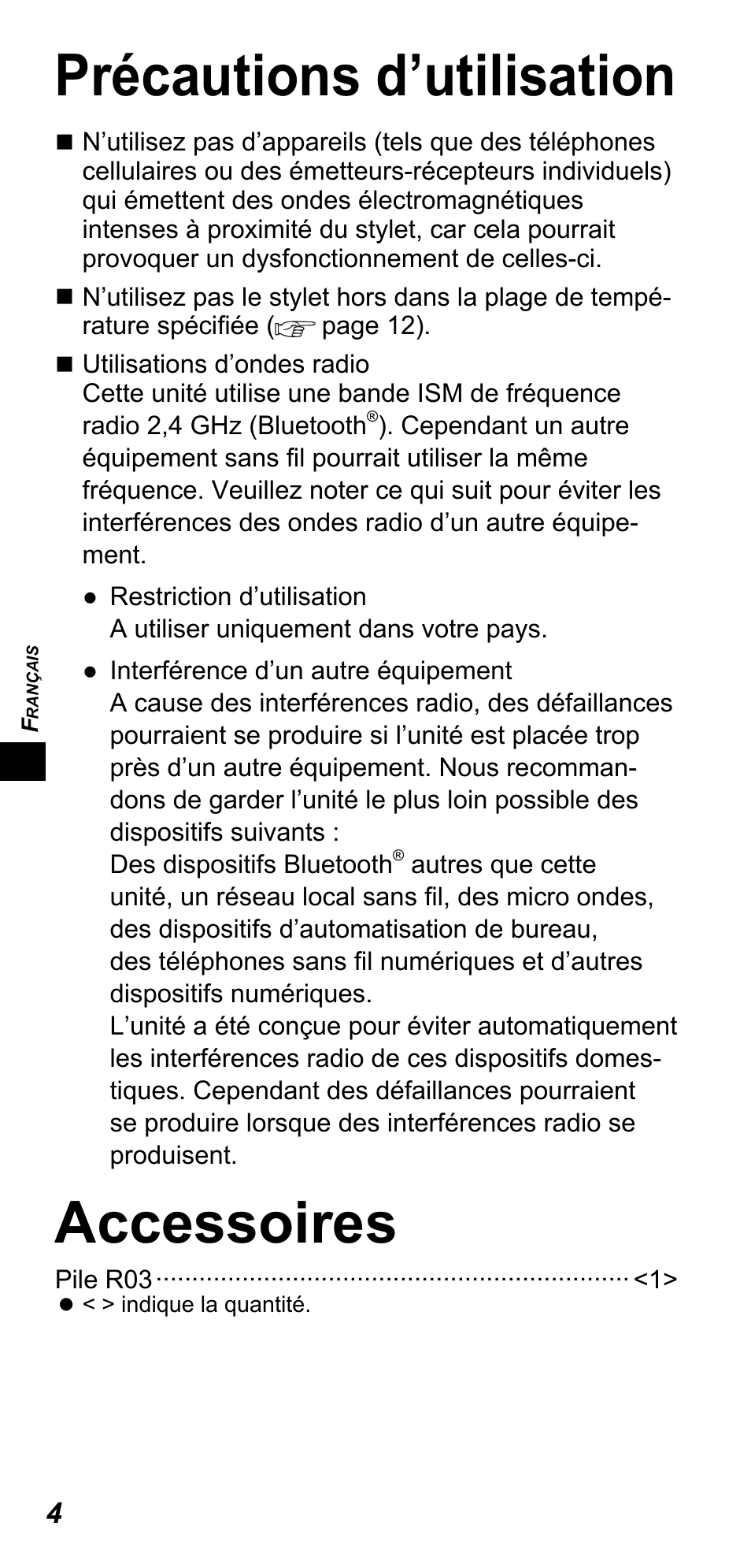 Précautions d’utilisation, Accessoires | Panasonic TYTP10E User Manual | Page 44 / 216