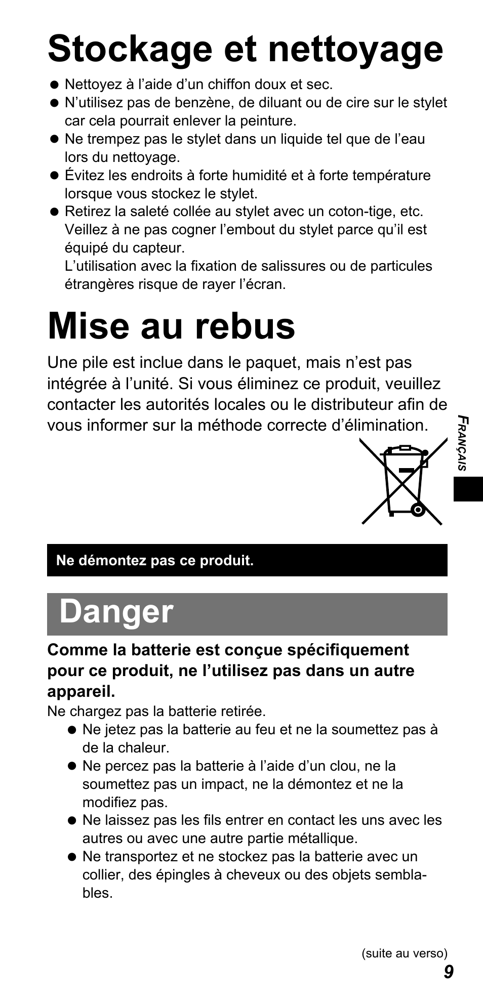 Stockage et nettoyage, Mise au rebus, Danger | Panasonic TYTP10E User Manual | Page 49 / 216