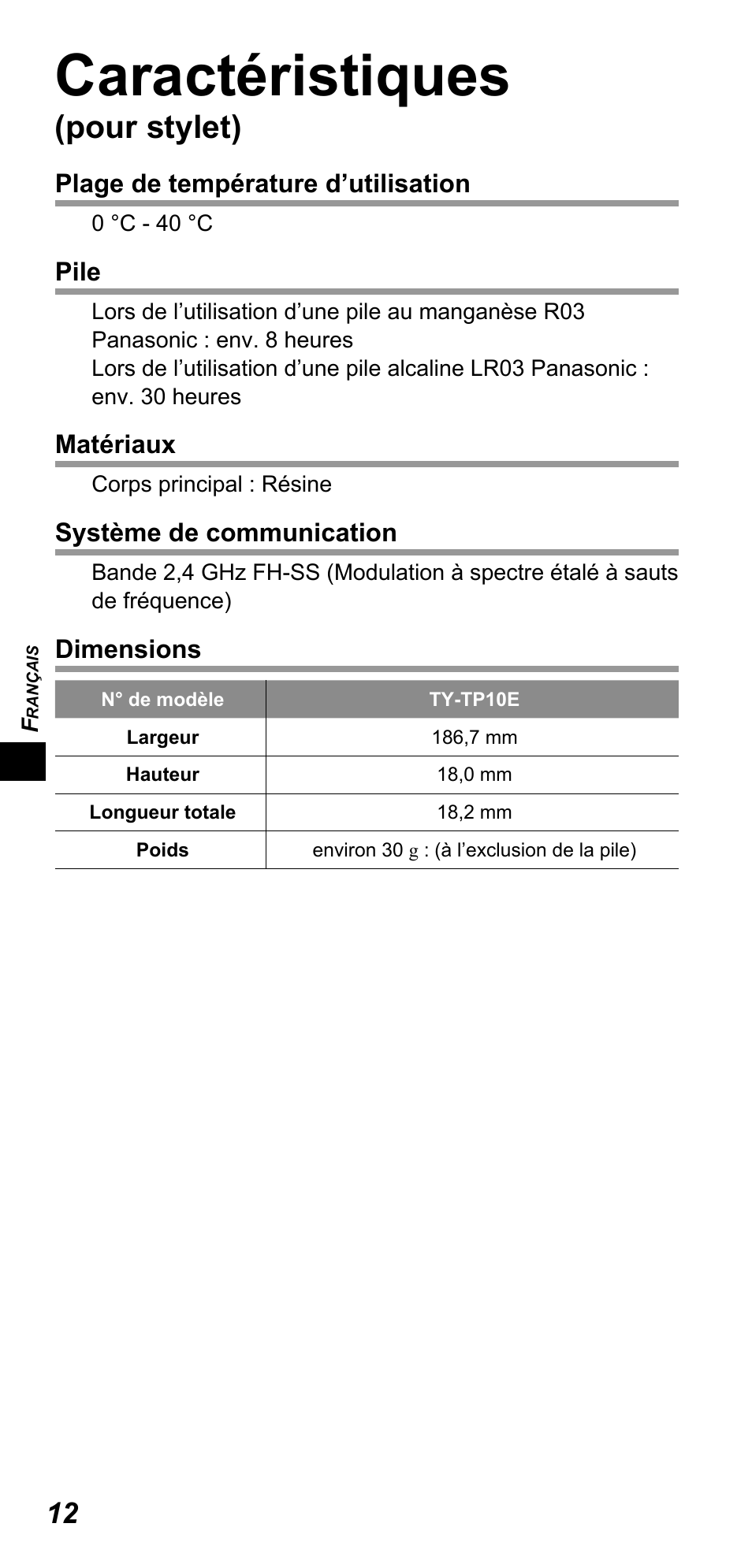 Caractéristiques, Pour stylet) | Panasonic TYTP10E User Manual | Page 52 / 216