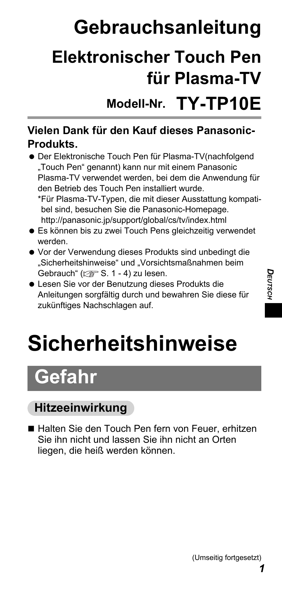 Sicherheitshinweise, Gebrauchsanleitung, Gefahr | Ty-tp10e, Elektronischer touch pen für plasma-tv | Panasonic TYTP10E User Manual | Page 55 / 216
