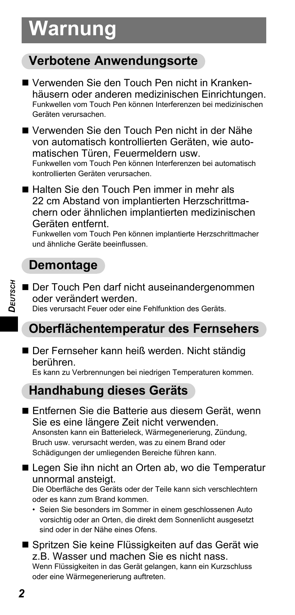 Warnung, Verbotene anwendungsorte, Demontage | Oberfl ächentemperatur des fernsehers, Handhabung dieses geräts | Panasonic TYTP10E User Manual | Page 56 / 216