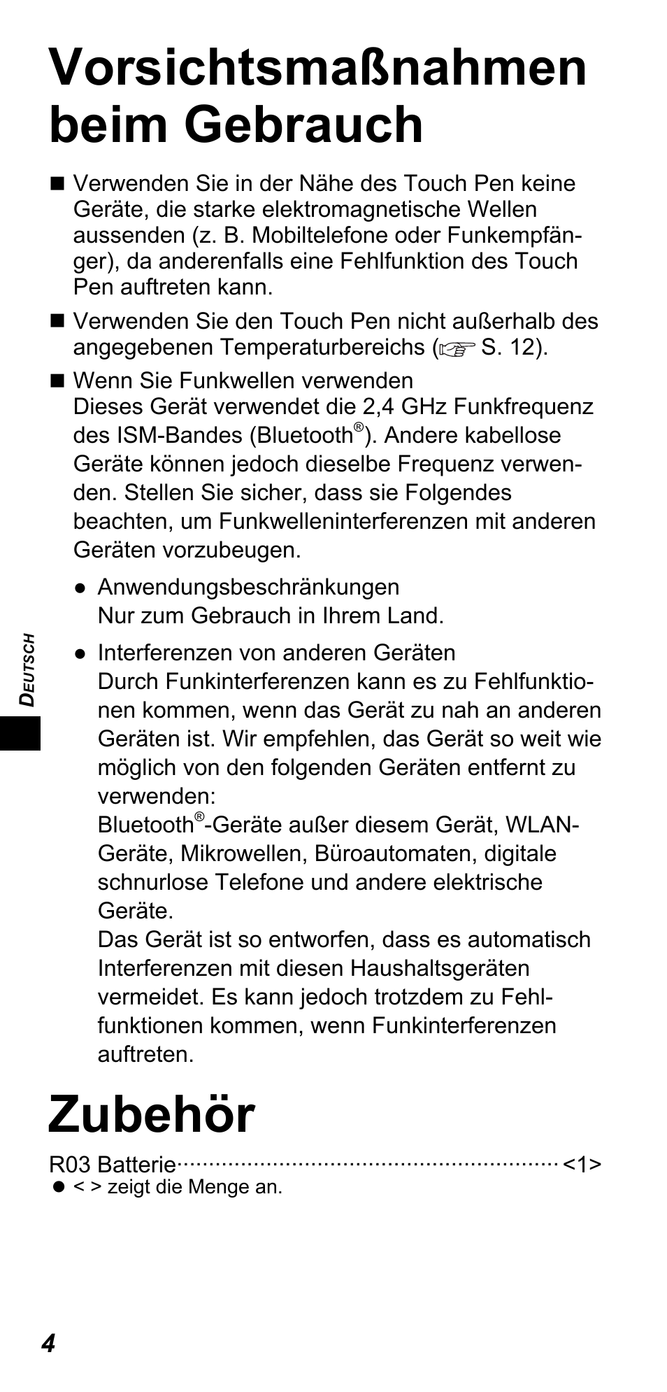 Vorsichtsmaßnahmen beim gebrauch, Zubehör | Panasonic TYTP10E User Manual | Page 58 / 216