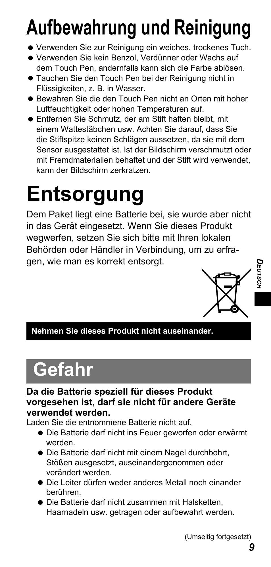 Aufbewahrung und reinigung, Entsorgung, Gefahr | Panasonic TYTP10E User Manual | Page 63 / 216