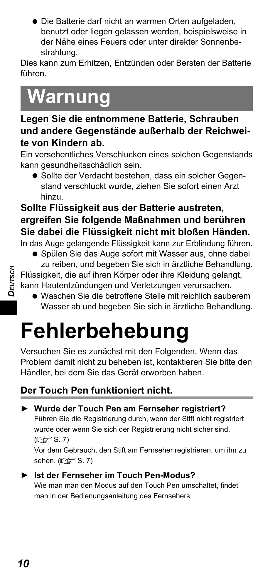 Fehlerbehebung, Warnung | Panasonic TYTP10E User Manual | Page 64 / 216