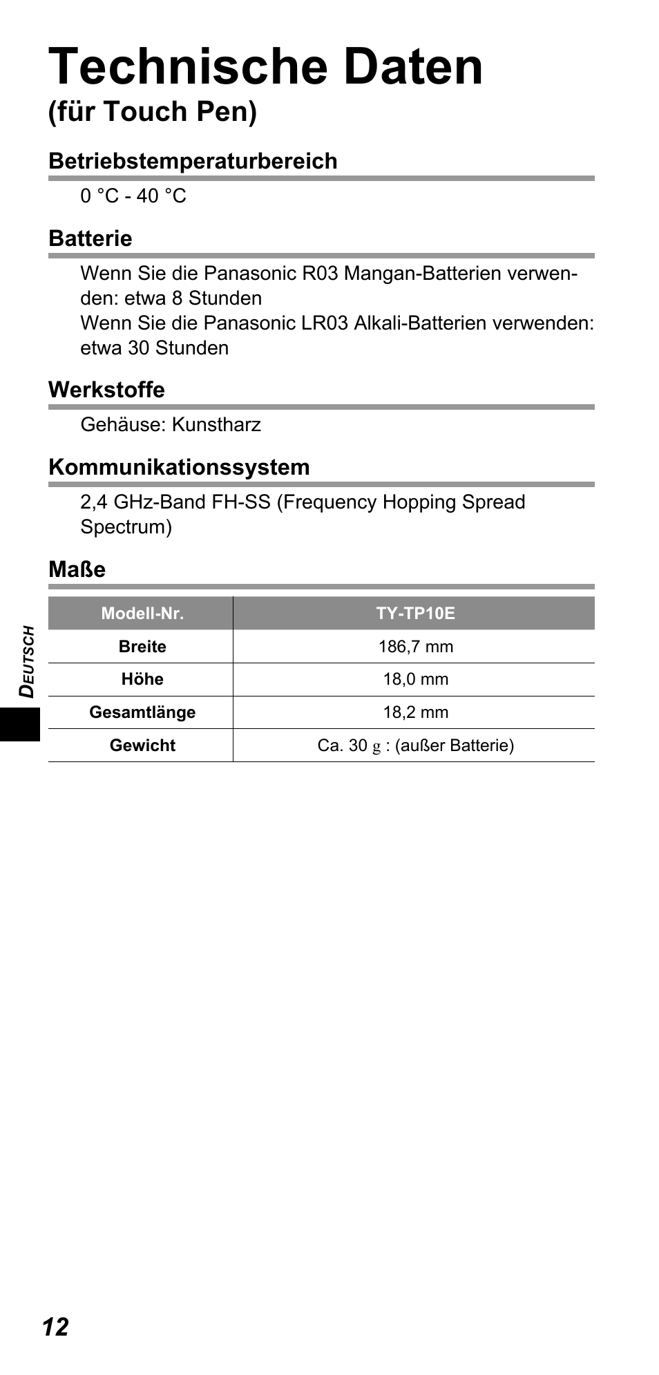 Technische daten, Für touch pen) | Panasonic TYTP10E User Manual | Page 66 / 216