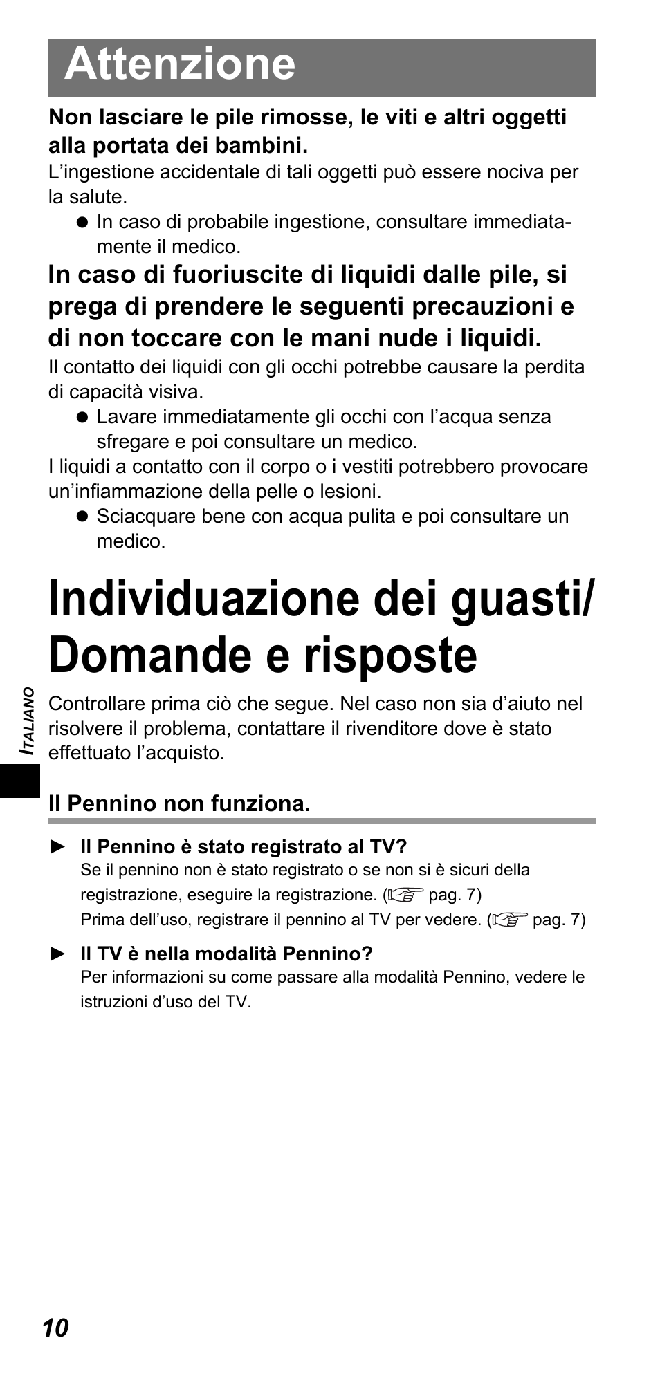 Individuazione dei guasti/ domande e risposte, Attenzione | Panasonic TYTP10E User Manual | Page 78 / 216