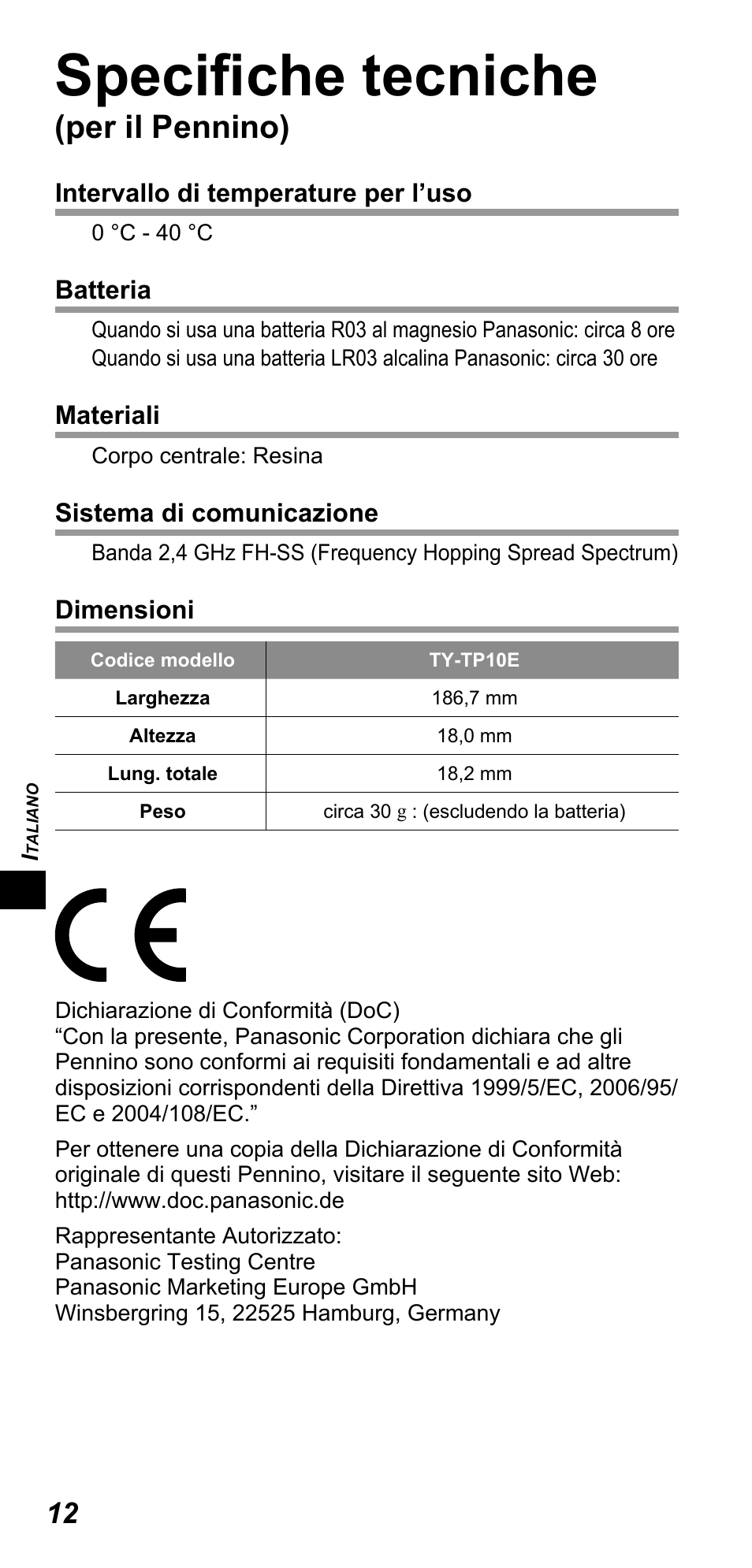 Specifi che tecniche, Per il pennino) | Panasonic TYTP10E User Manual | Page 80 / 216
