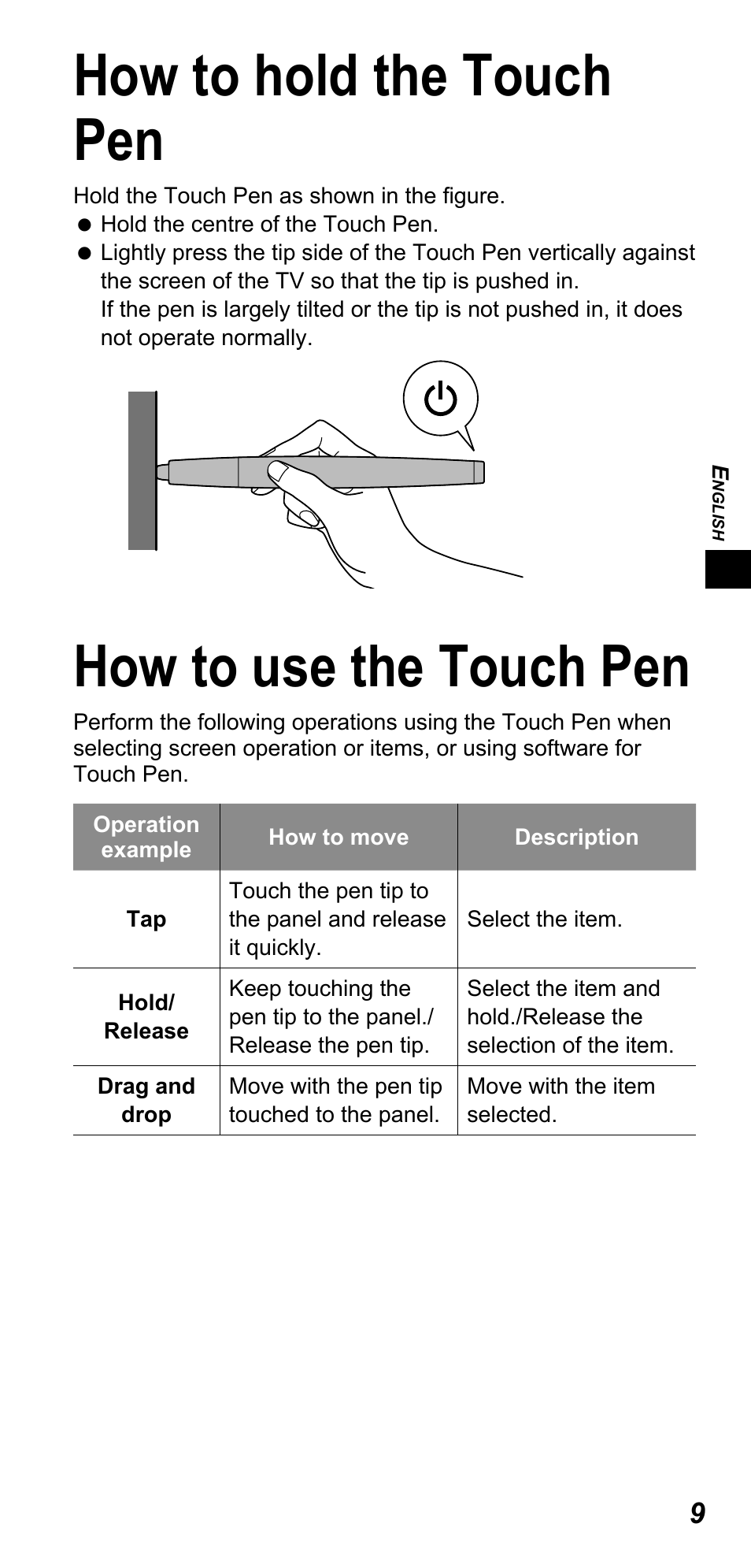 How to hold the touch pen, How to use the touch pen | Panasonic TYTP10E User Manual | Page 9 / 216