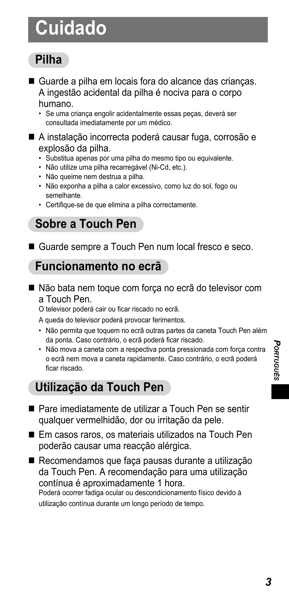 Cuidado, Pilha, Sobre a touch pen | Funcionamento no ecrã, Utilização da touch pen | Panasonic TYTP10E User Manual | Page 97 / 216