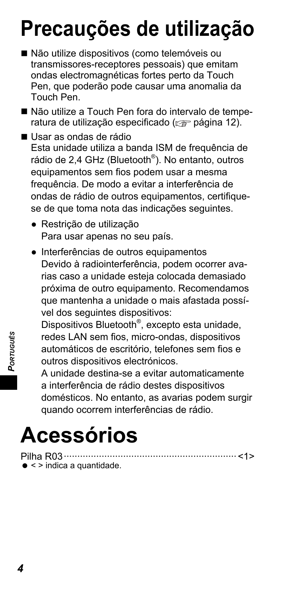 Precauções de utilização, Acessórios | Panasonic TYTP10E User Manual | Page 98 / 216