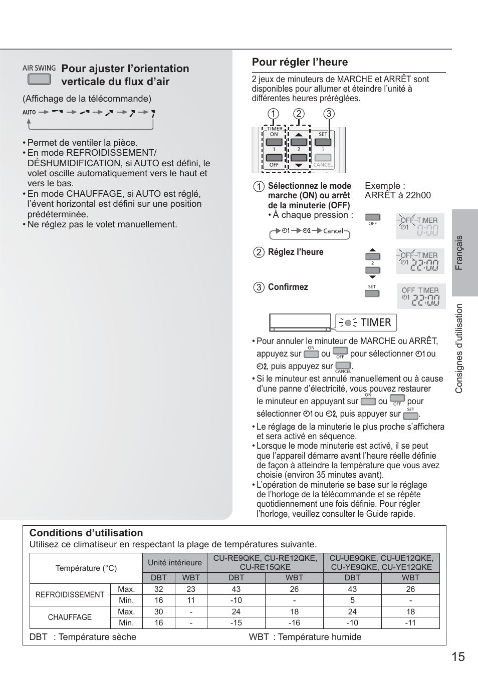 Pour régler l’heure, Conditions d’utilisation, Timer | Panasonic CUYE9QKE User Manual | Page 15 / 52