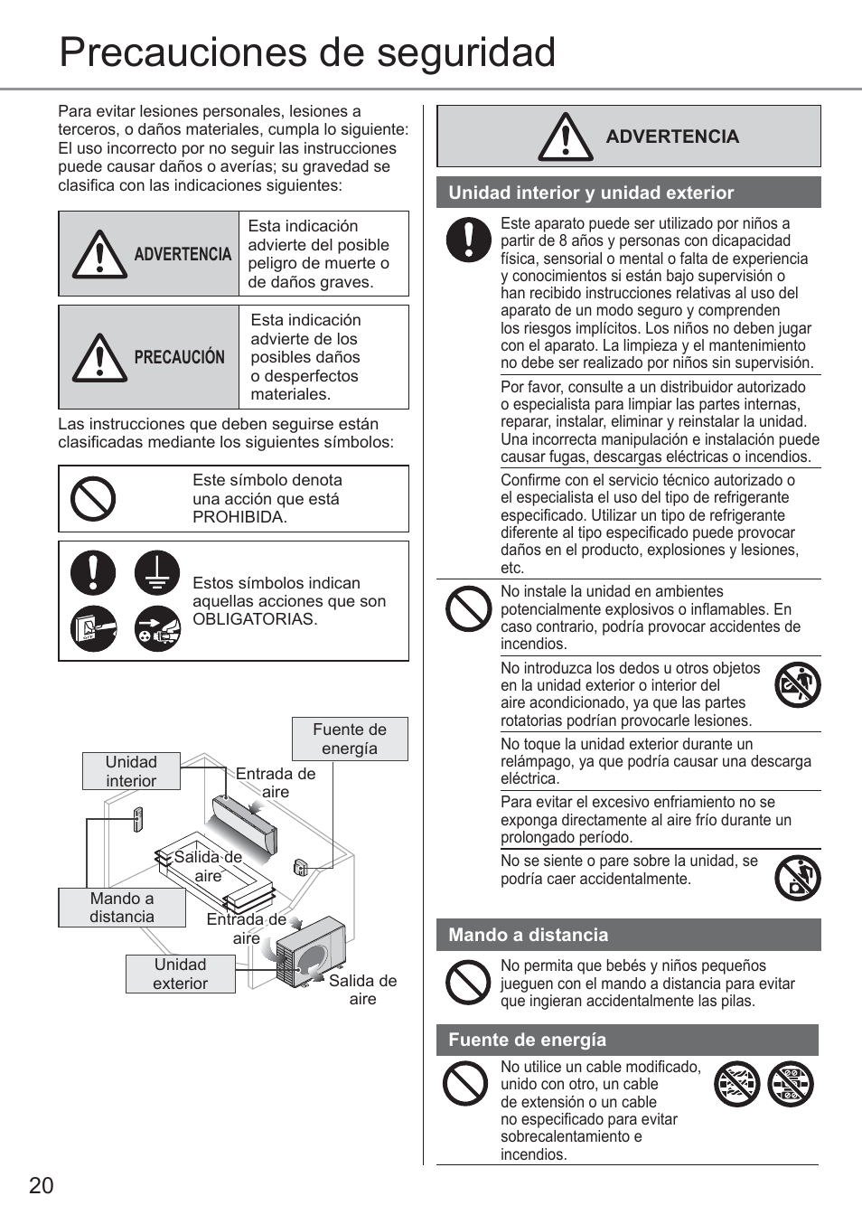 Precauciones de seguridad | Panasonic CUYE9QKE User Manual | Page 20 / 52