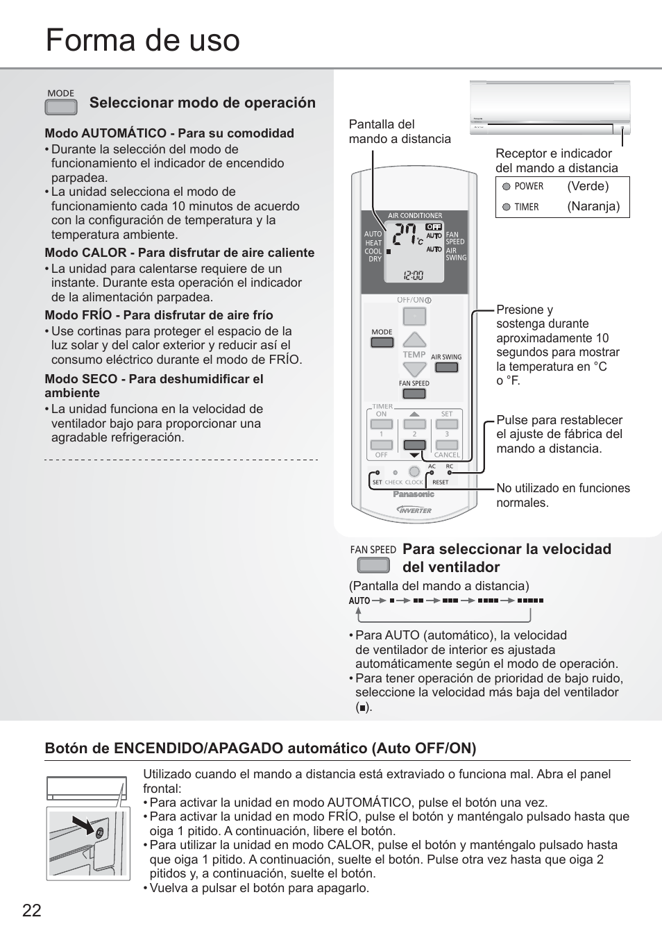 Forma de uso, Seleccionar modo de operación, Para seleccionar la velocidad del ventilador | Pantalla del mando a distancia, Verde), Naranja) | Panasonic CUYE9QKE User Manual | Page 22 / 52