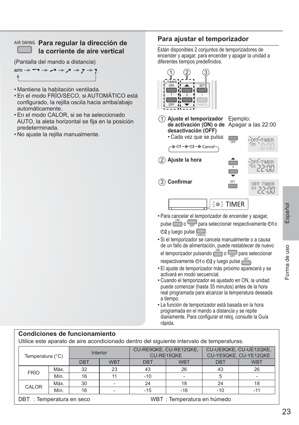 Para ajustar el temporizador, Condiciones de funcionamiento, Timer | Panasonic CUYE9QKE User Manual | Page 23 / 52