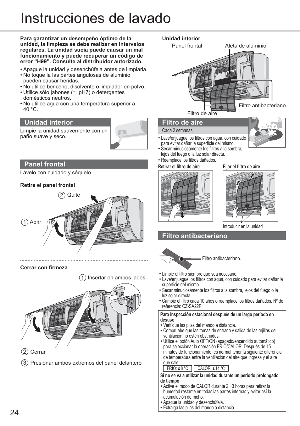 Instrucciones de lavado, Unidad interior, Panel frontal | Filtro de aire, Filtro antibacteriano | Panasonic CUYE9QKE User Manual | Page 24 / 52