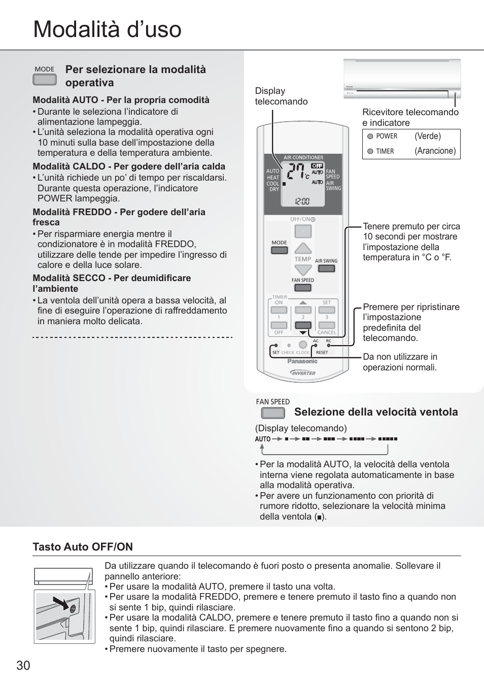 Modalità d’uso, Per selezionare la modalità operativa, Tasto auto off/on | Selezione della velocità ventola, Display telecomando, Verde), Arancione) | Panasonic CUYE9QKE User Manual | Page 30 / 52