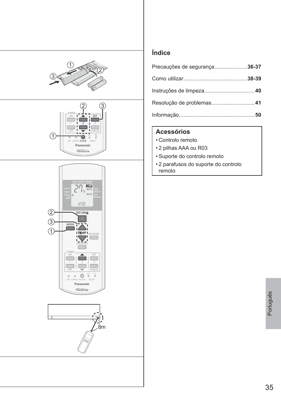 Índice, Acessórios, 12 3 8m | Panasonic CUYE9QKE User Manual | Page 35 / 52