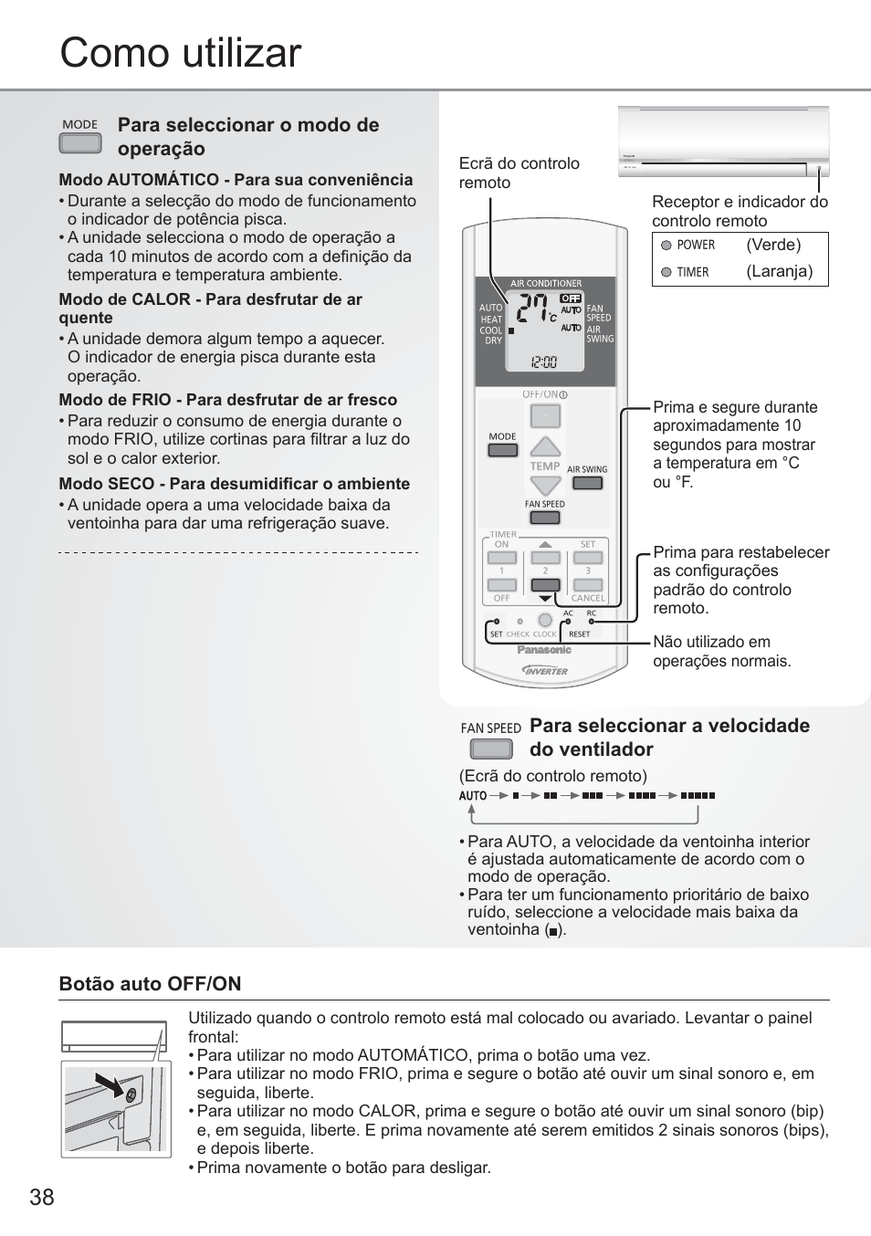 Como utilizar, Para seleccionar o modo de operação, Botão auto off/on | Para seleccionar a velocidade do ventilador, Ecrã do controlo remoto, Verde), Laranja) | Panasonic CUYE9QKE User Manual | Page 38 / 52