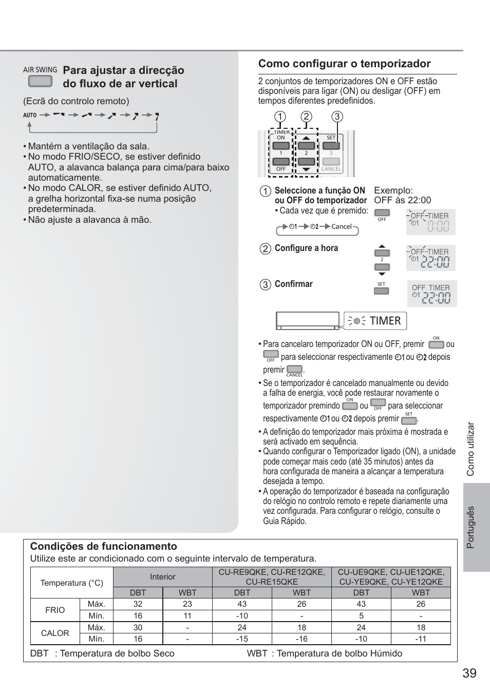 Como confi gurar o temporizador, Para ajustar a direcção do fl uxo de ar vertical, Condições de funcionamento | Timer | Panasonic CUYE9QKE User Manual | Page 39 / 52