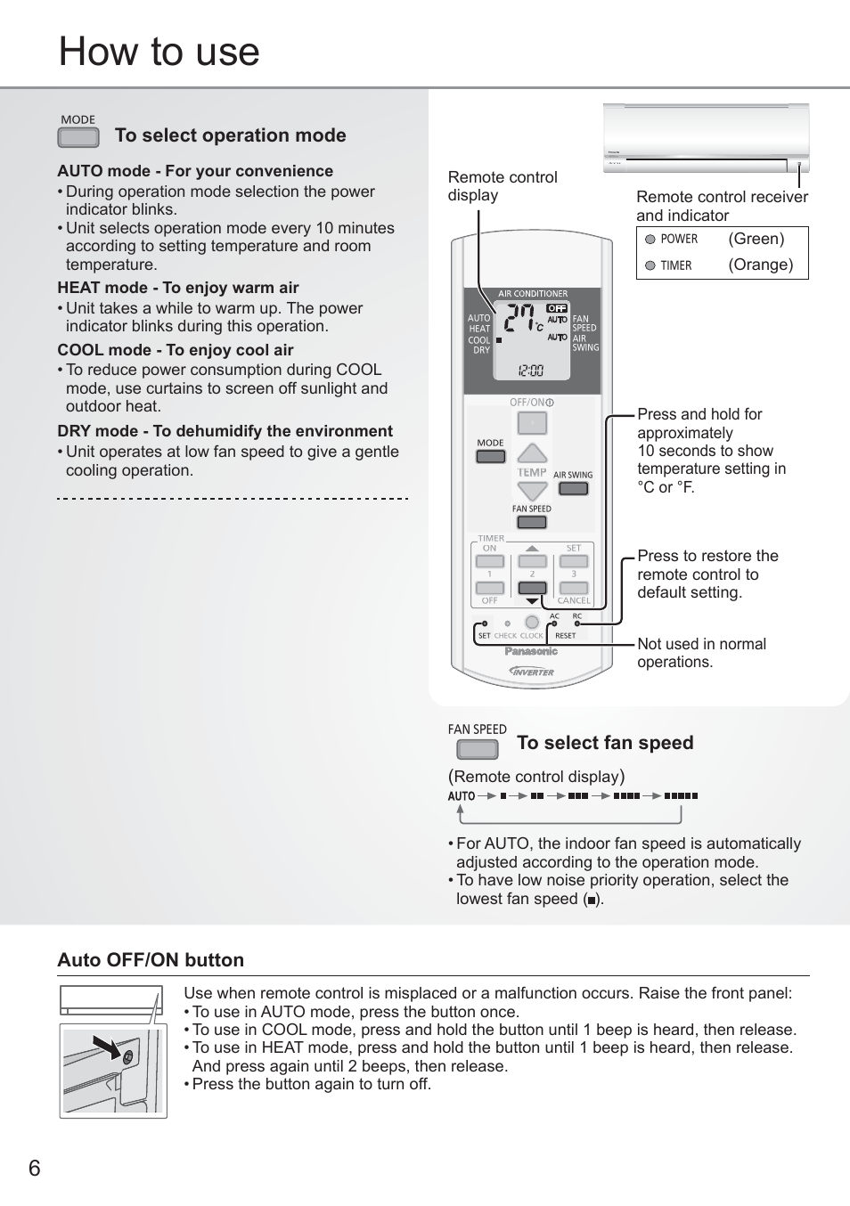 How to use, Auto off/on button, Remote control display | Green), Orange) | Panasonic CUYE9QKE User Manual | Page 6 / 52