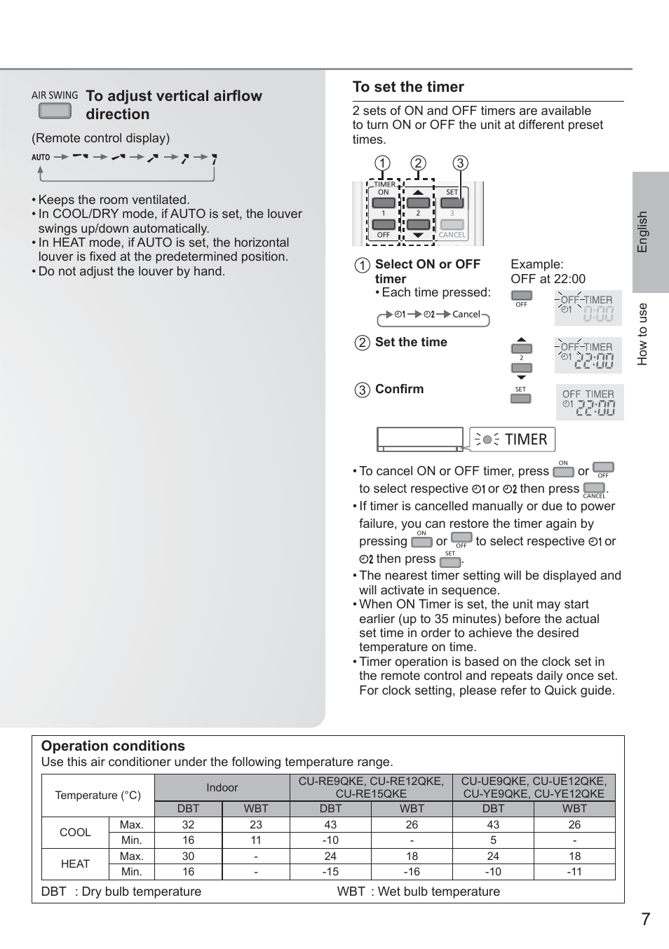 Operation conditions, Timer | Panasonic CUYE9QKE User Manual | Page 7 / 52