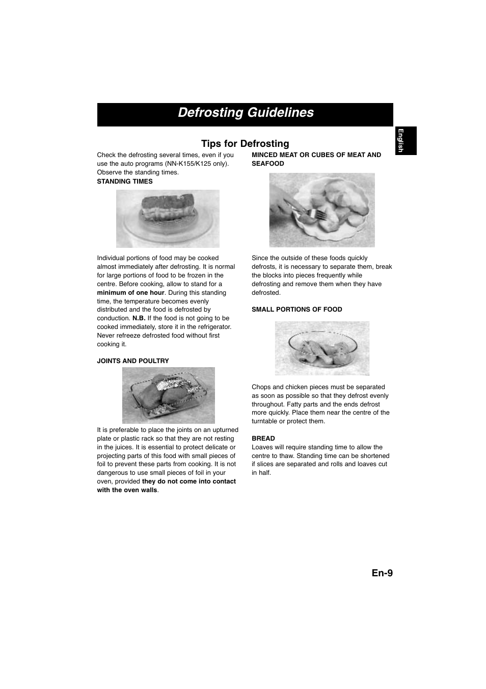 Defrosting guidelines, En-9, Tips for defrosting | Panasonic NNK105WBWPG User Manual | Page 11 / 62