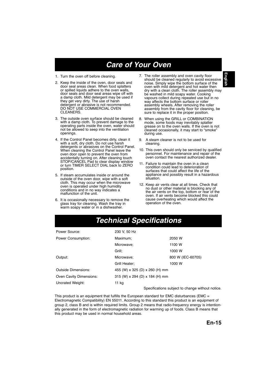 Care of your oven technical specifications, En-15 | Panasonic NNK105WBWPG User Manual | Page 17 / 62