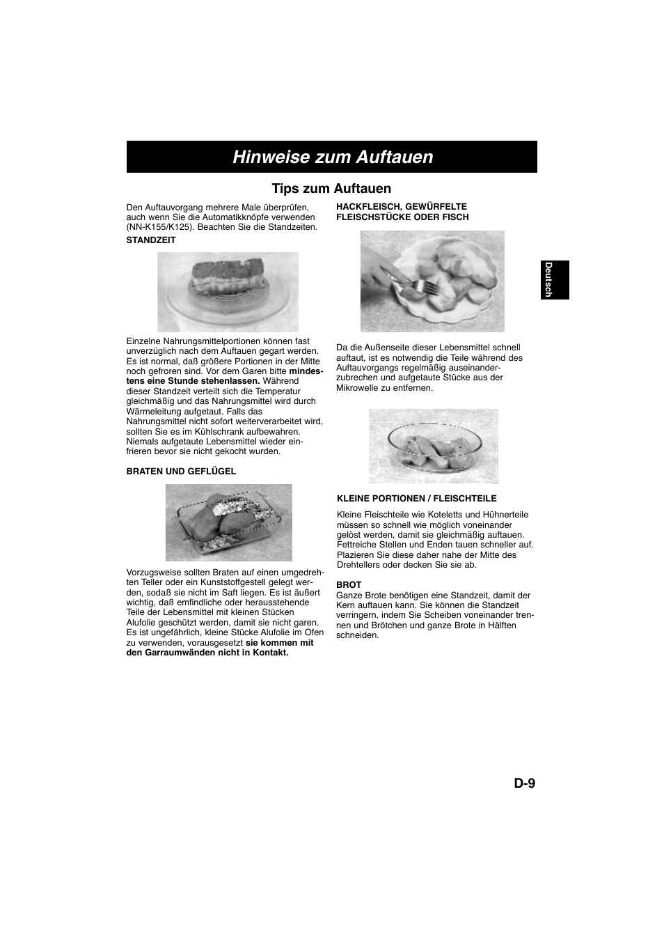Hinweise zum auftauen, D-9 tips zum auftauen | Panasonic NNK105WBWPG User Manual | Page 26 / 62