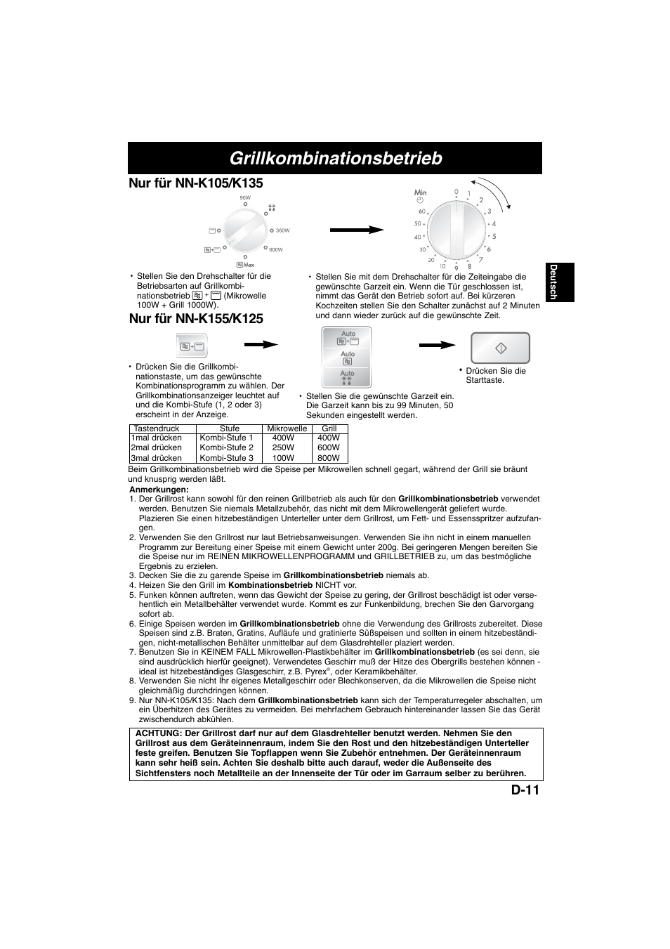 Grillkombinationsbetrieb, D-11 | Panasonic NNK105WBWPG User Manual | Page 28 / 62