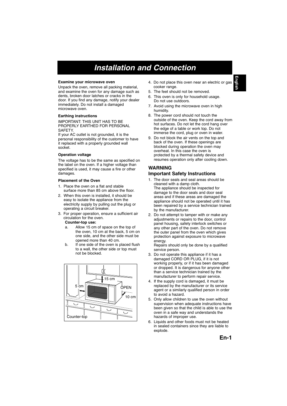 Installation and connection, En-1, Warning important safety instructions | Panasonic NNK105WBWPG User Manual | Page 3 / 62