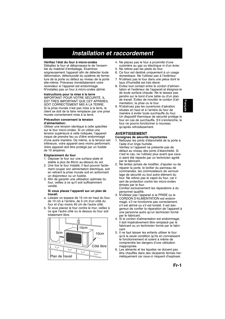 Installation et raccordement, Fr-1 | Panasonic NNK105WBWPG User Manual | Page 33 / 62