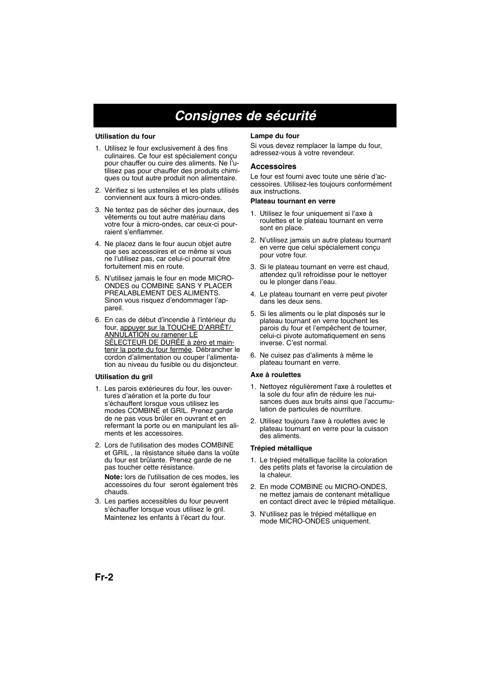 Consignes de sécurité, Fr-2 | Panasonic NNK105WBWPG User Manual | Page 34 / 62