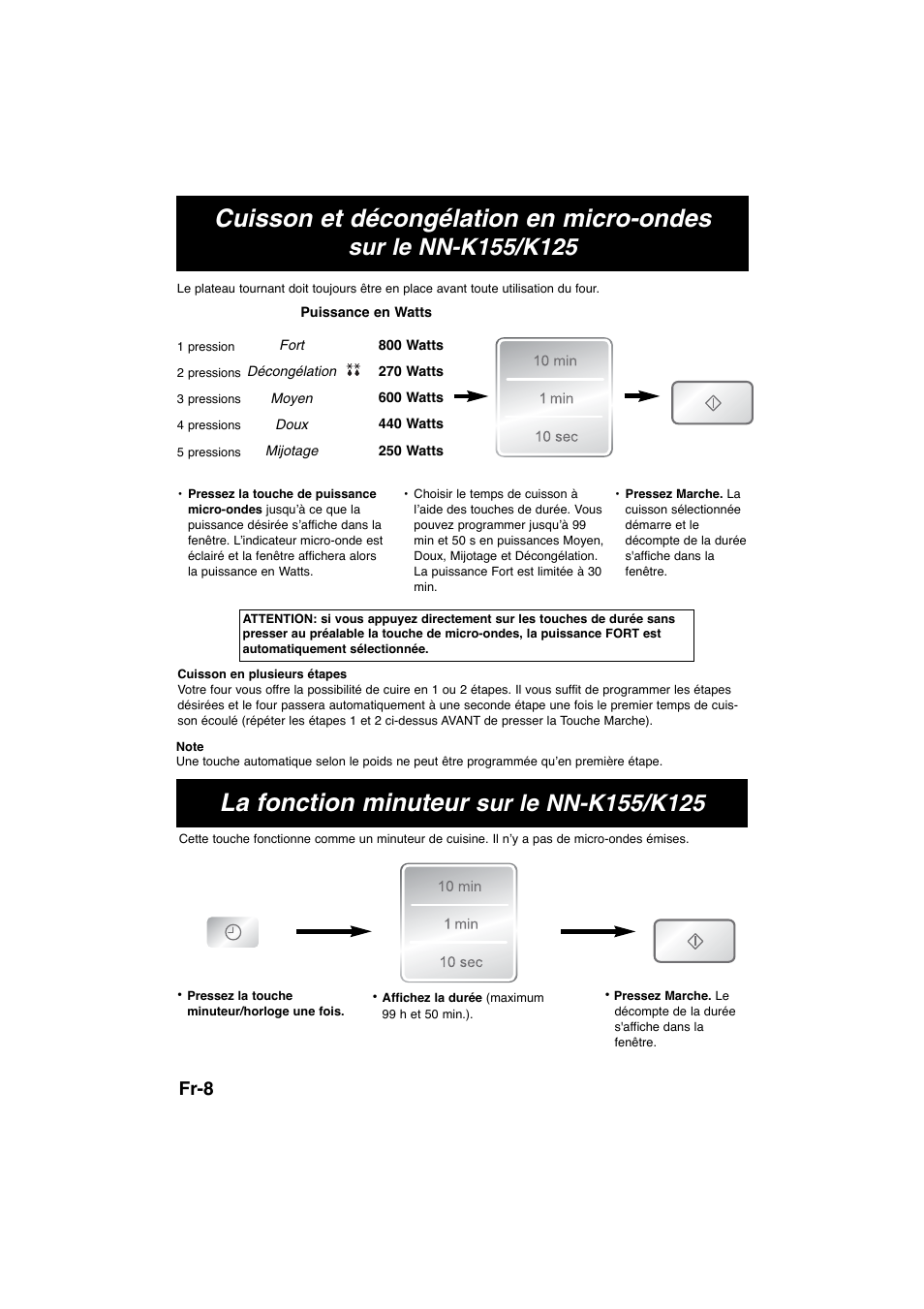 Cuisson et décongélation en micro-ondes, La fonction minuteur, Fr-8 | Panasonic NNK105WBWPG User Manual | Page 40 / 62